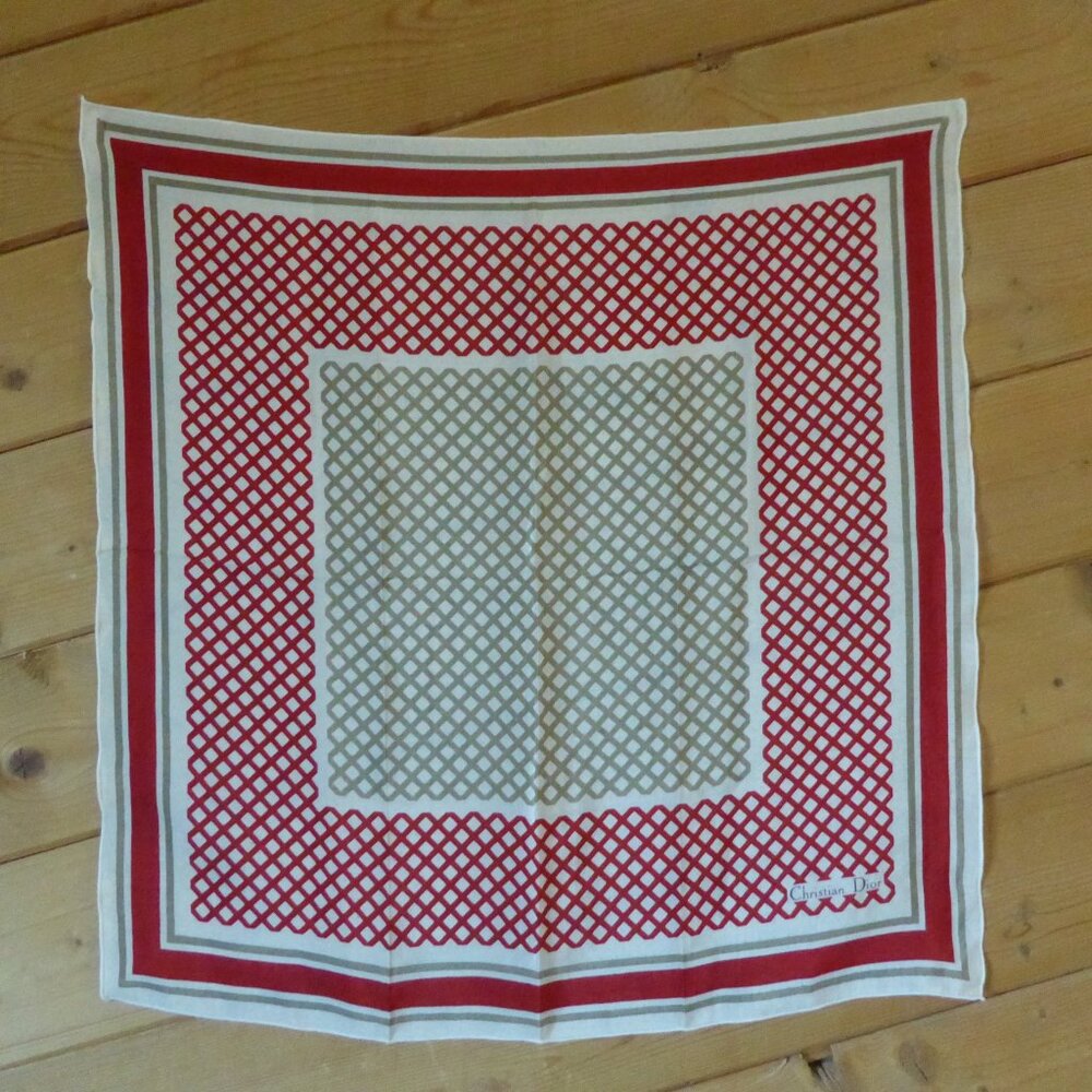 Christian Dior Red Beige Checked Square Silky Silk Scarf Wrap